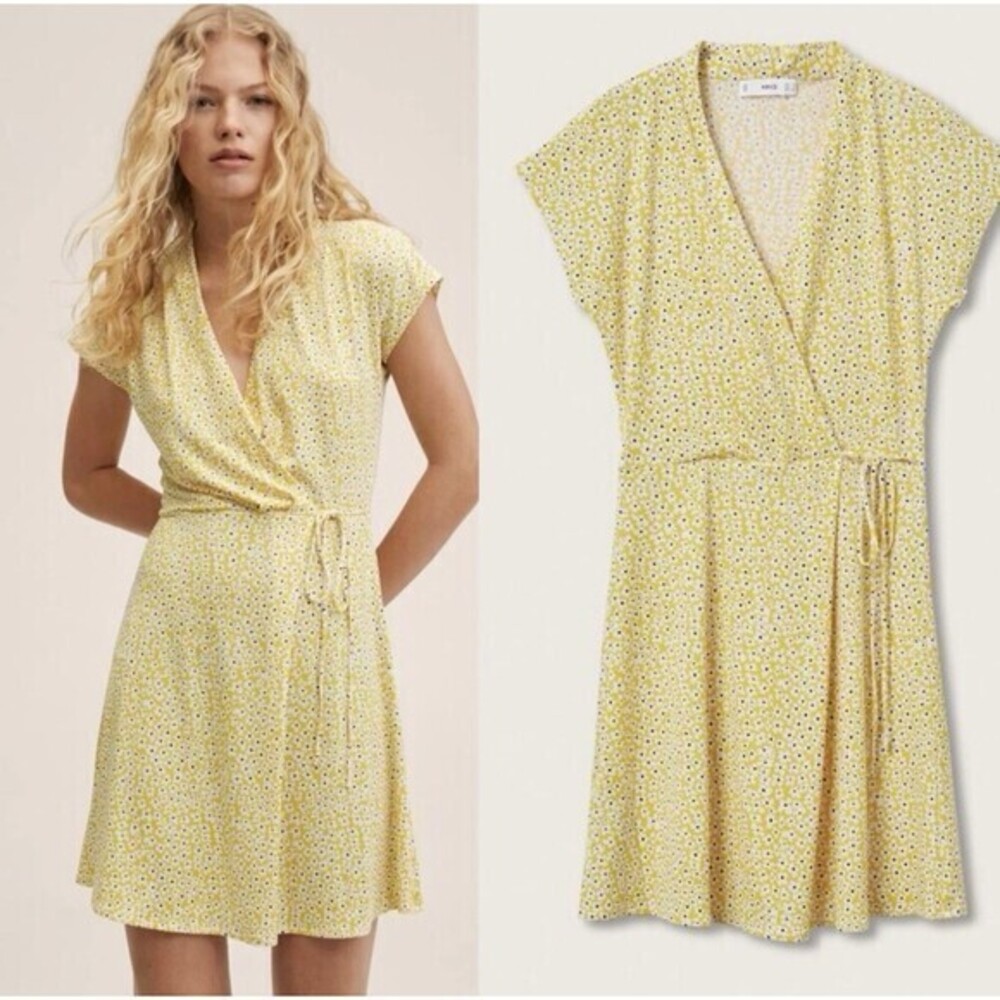 Mango FLORAL YELLOW Short Sleeve Dress, Front Tie, Size 6